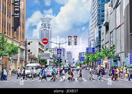 People on zebra path downtown. With population of over 23 million Shanghai is China’s largest city and major financial center. Stock Photo