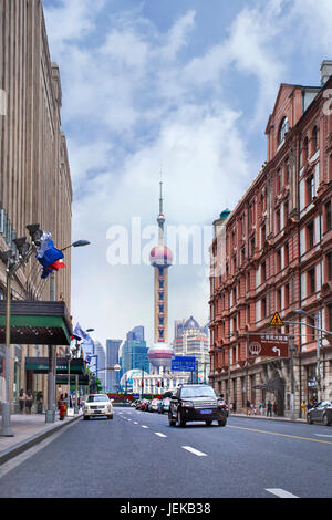 Look through on Oriental Pearl Tower. The Oriental Pearl Tower is a 468 meter TV tower, located at Lujiazui in Pudong district. Stock Photo