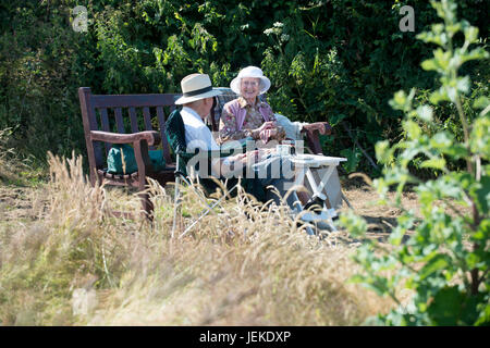 Pic by Guy Newman. 15.07.2013. A quintessential English scene of pensioners  enjoying the English summer sun with a picnic on a Peak Hill park bench o Stock Photo