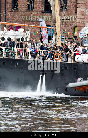 Jet Pack Man Jay St John a local man from Wirral entertains the crowds at the Mersey River Festival Stock Photo