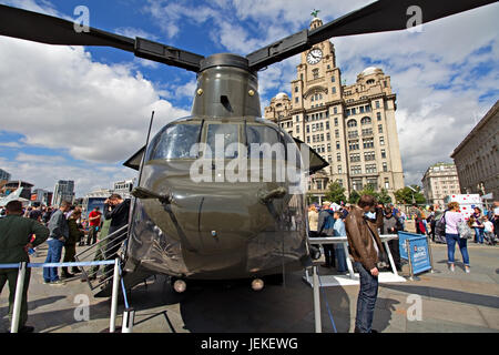 Chinook helicopter, part of the static army display at the Pier Head Liverpool to take part in the Armed Forces Day celebrations. Stock Photo