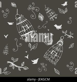 Vintage birds and birdcages in grey color. Pattern. Wallpaper. Stock Vector