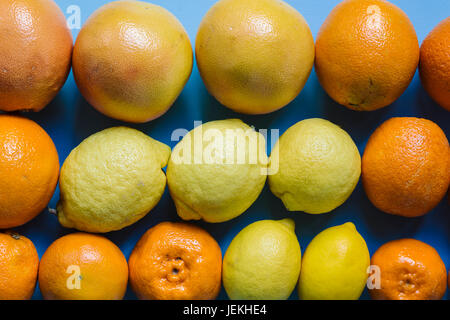 Citrus fruits on blue background Stock Photo