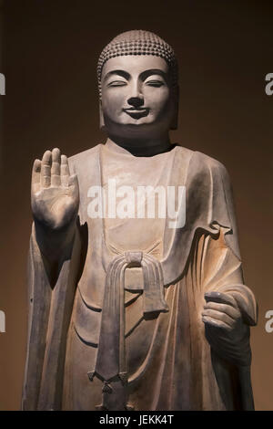 Standing Statue of Sakyamuni Buddha  excavated from Wanzi Village in Baqiao District, on display at the Shaanxi History Museum, Shaanxi province, Xian Stock Photo
