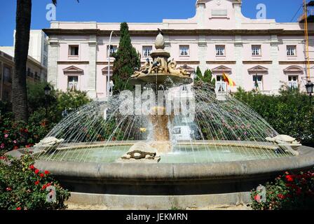 Stone fountain in front of council building along the Avenida del Puerto, Cadiz, Cadiz Province, Andalusia, Spain, Western Europe. Stock Photo