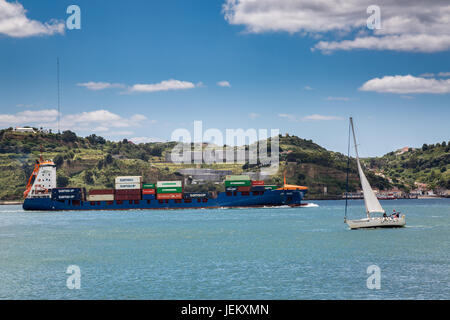 Lisbon, Portugal - May 18, 2017: Shipping on the river Tagus leading into Atlantic Stock Photo