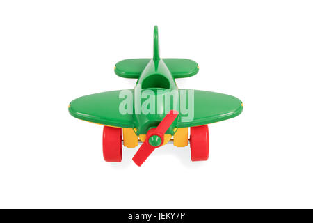 Children toy - a small green plane with a propeller without a pilot, isolated on a white background Stock Photo