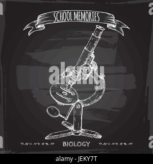 Antique microscope hand drawn sketch placed on blackboard background. Stock Vector