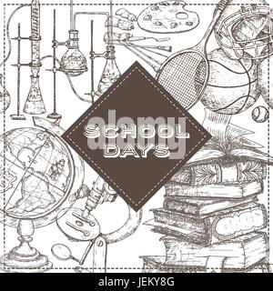 School days template with art, sport, science, literature related objects. Stock Vector