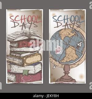 Two banners with school related color sketches featuring books and globe.
