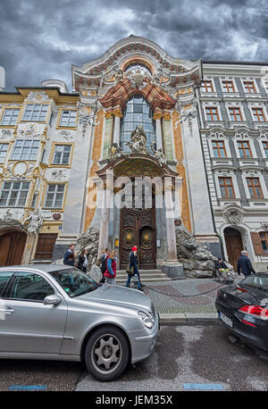 MUNICH, GERMANY - MAY 15, 2016: Entrance of Asamkirche. The Asam Church ( St.  Nepomuk ) was built in 1733-1746 and is considered to be one of the mai Stock Photo
