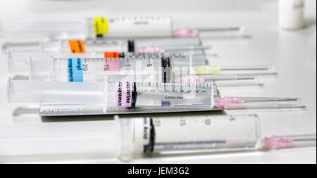 Anaesthetic drugs laid out in the anaesthesia room of a hospital operating theatre. Stock Photo