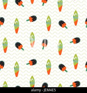 Surfboard and ice cream seamless vector wavy pattern. Green, orange and white striped surf boards with small waves. Stock Vector