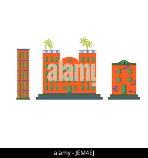 Hotel buildings vector cartoon flat set. Orange multistory at beach resort places. Palm trees on roof. Stock Vector