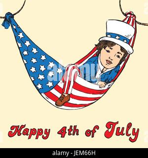 Portrait of little boy in Uncle Sam costume resting in hammock of the American flag, Happy 4th of July, card design, drawn by hand vector illustration Stock Vector