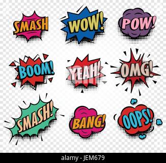 Isolated abstract colorful comics speech balloons icons collection on checkered background, dialogue boxes with popular expressions set,pop art dialog Stock Vector