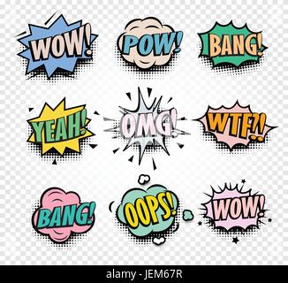 Isolated abstract colorful comics speech balloons icons collection on checkered background, dialogue boxes with popular expressions set,pop art dialog Stock Vector