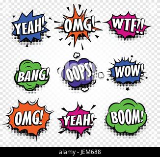 Isolated abstract colorful comics speech balloons icons collection on checkered background, dialogue boxes with popular expressions set,pop art dialog Stock Vector
