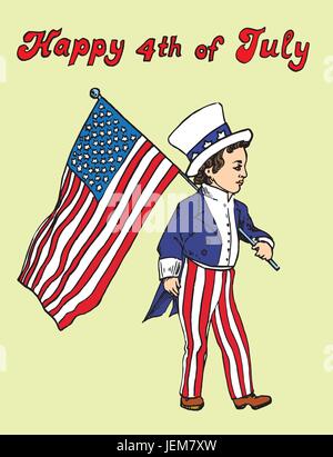 Portrait of little boy in Uncle Sam costume walking with American flag, Happy 4th of July, card design,drawn by hand vector illustration, comics style Stock Vector