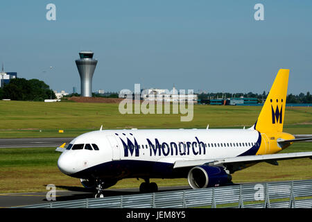 Monarch Airlines Airbus A320 taxiing for take off at Birmingham Airport, UK (G-ZBAH) Stock Photo