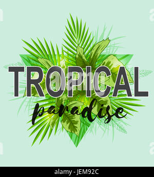 Abstract triangle tropical background with green palm leaves. Tropical paradise lettering Stock Photo