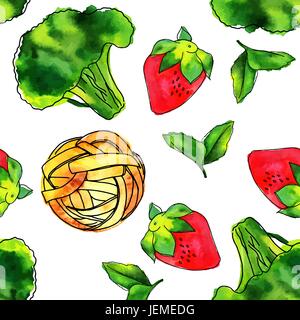 Seamless pattern of watercolour vegan food themed drawings Stock Vector