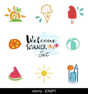 Summer doodle icon set, hand drawn decoration elements for summertime season. Includes watermelon, party drink and beach island. EPS10 vector. Stock Vector