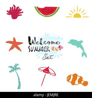 Summer doodle icon set, hand drawn elements for summertime season. Includes watermelon, sea animals and beach decoration. EPS10 vector. Stock Vector