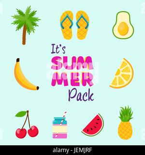 Summer icon set, beach decoration elements for summertime season. Includes tropical fruit, party drink and palm tree. EPS10 vector. Stock Vector