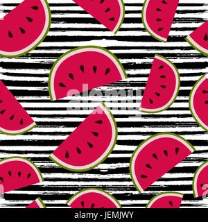 Summer seamless pattern design with watermelon fruit illustration, fun summertime background. EPS10 vector. Stock Vector