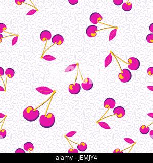 Cherry fruit retro seamless pattern with colorful memphis 80s decoration background. EPS10 vector. Stock Vector
