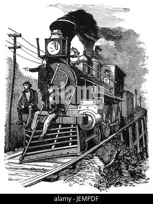 1879: Riding on the railway (railroad) engine cow-catcher near Augusta, Georgia,  United States of America Stock Photo