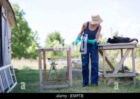 Mature woman looking at cat while painting Stock Photo