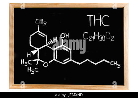 Blackboard with the chemical formula of THC Stock Photo