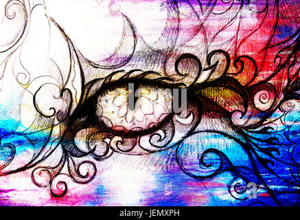 Mystic eye and beautiful ornamental. Drawing on old paper, original hand draw. Color effect. Stock Photo