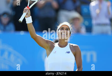 Eastbourne, UK. 26th June, 2017.  Heather Watson of Great Britain celebrate after beating Dominika Cibulkova of Slovakia during day two of the Aegon International Eastbourne on June 26, 2017 in Eastbourne, England Credit: Paul Terry Photo/Alamy Live News