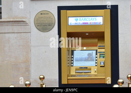 Enfield Town, London, UK. 27th June, 2017. Barclays bank in Enfield town celebrates the 50th anniversary of the world's first ATM machine. Credit: Matthew Chattle/Alamy Live News Stock Photo