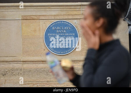 Enfield Town, London, UK. 27th June, 2017. Barclays bank in Enfield town celebrates the 50th anniversary of the world's first ATM machine. Credit: Matthew Chattle/Alamy Live News Stock Photo