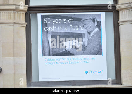 Enfield Town, London, UK. 27th June, 2017. Barclays bank in Enfield town celebrates the 50th anniversary of the world's first ATM machine. Credit: Matthew Chattle/Alamy Live News Stock Photo