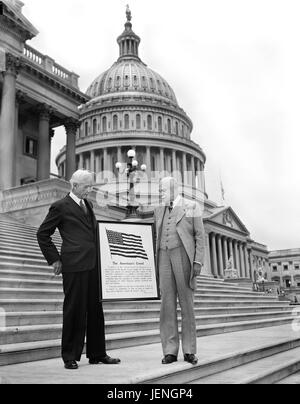 Two Men Holding Sign 'The American's Creed' on Steps of U.S. Capitol Building, Washington, DC, USA, Harris & Ewing, 1936 Stock Photo