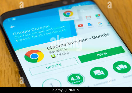 A closeup of the Google Chrome Browser app install screen on a smartphone Stock Photo