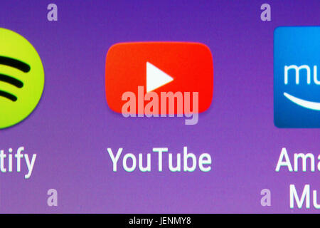 A closeup of the YouTube app on a smartphone screen Stock Photo