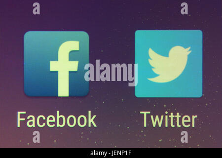 A closeup of the Facebook and Twitter apps on a smartphone screen Stock Photo
