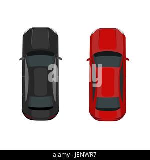 Two cars. Black and red. View from above. Volumetric drawing without a mesh and a gradient. Isolated on white background. illustration. Stock Vector