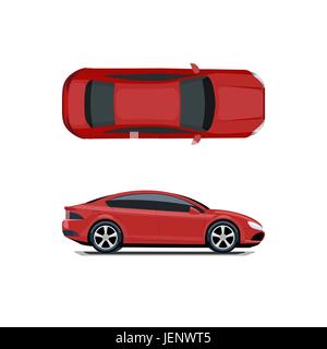 Red car. View from above and from the side. Volumetric drawing without a mesh and a gradient. Isolated on white background. illustration. Stock Vector