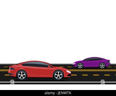 Purple and red cars are driving along the road. Side view. Volumetric drawing without a mesh and a gradient. Isolated on white background. illustration. Stock Vector
