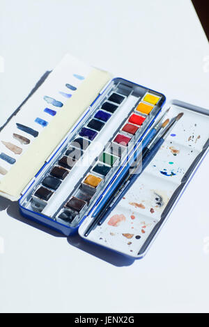 Box with watercolor paints Stock Photo