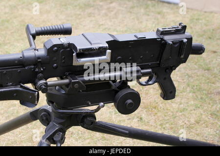 Close up of an L7A2 GPMG 'GIMPY' General Purpose Machine Gun mounted on tripod Stock Photo
