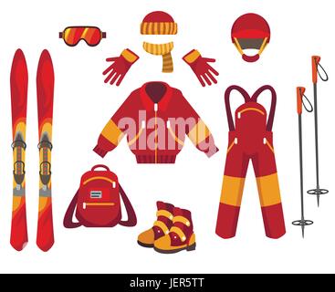 Skiing clothes and equipment isolated on white background. Outdoors Sports vacation ski, jacket and snow masque vector illustration Stock Vector