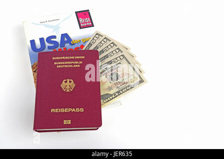 Guide the USA, southwest, passport the Federal Republic of Germany, several 50 dollar notes, symbolic picture travelling planning the USA, Reiseführer Stock Photo